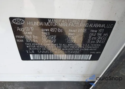 2020 Hyundai Santa Fe Sel z USA, uszkodzony, nr VIN 5NMS3CAD9LH154486